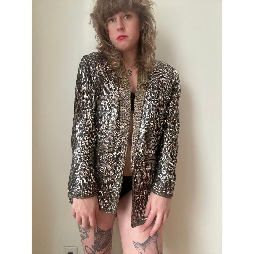 1980s 80s vintage sequin bead blazer silk Judith Ann creations I Magnin gold